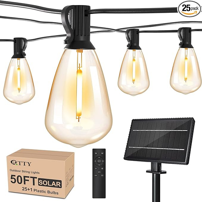 RTTY Solar String Lights Outdoor Waterpoof 50ft with 25pcs Dimmable Shatterproof ST38 Vintage Bul... | Amazon (US)
