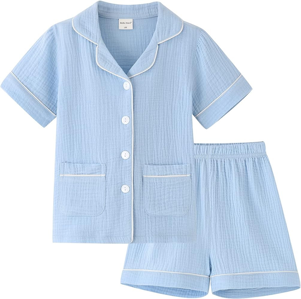 Toddler Girls Boys Button Down Pajamas Set Summer Short Sleeve 2 Pcs Pjs Set Kids Cotton Sleepwea... | Amazon (US)