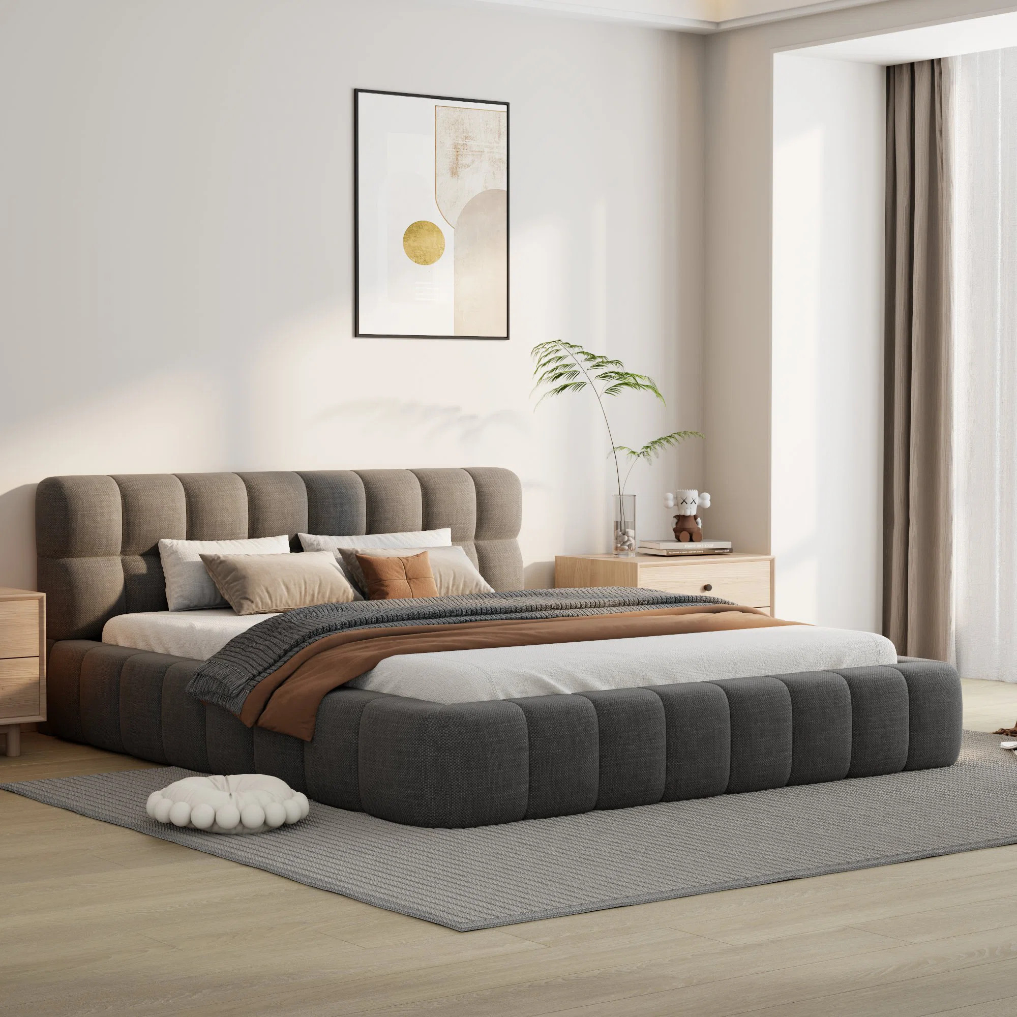 Katence Elegant Linen Queen Platform Bed with Upholstered Headboard and Solid Frame Stability | Wayfair North America