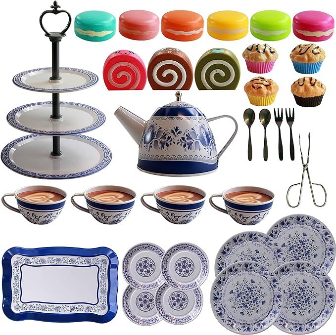 IQ Toys Tea and Cake Set Pretend Play Tea Party - 39 Piece Vintage Designed Porcelain Look Play f... | Amazon (US)