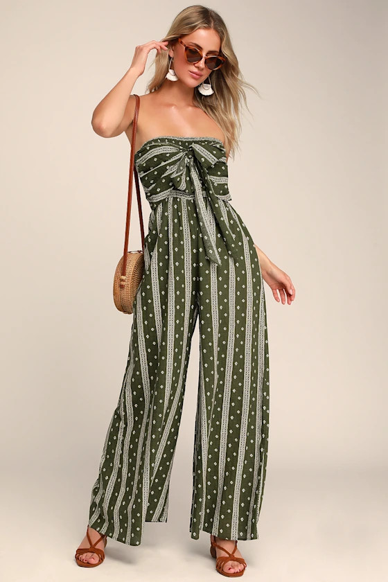 Raine Olive Green Print Strapless Jumpsuit | Lulus