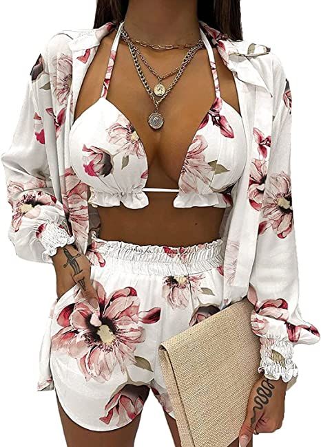 Womens Hawaiian Outfits 3 Piece Swimsuit Summer Beach Cover Ups Floral Kimono Cardigans Swimwear | Amazon (US)