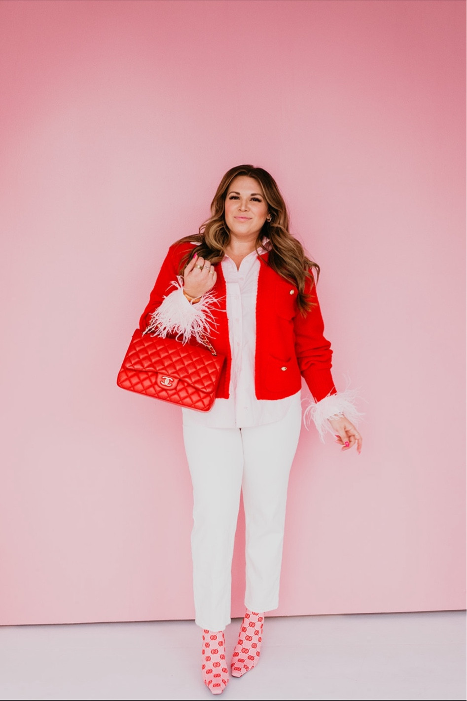 curvy pink and red Valentine outfit! wearing size 12 in light pink feather button up, size large in red cardigan, and size 32 in cream denim 

#LTKFind #LTKcurves #LTKSeasonal