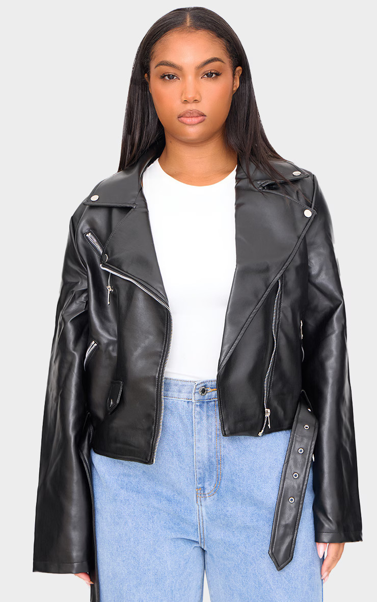 Plus Black Faux Leather Zip Detail Biker Jacket | PrettyLittleThing US