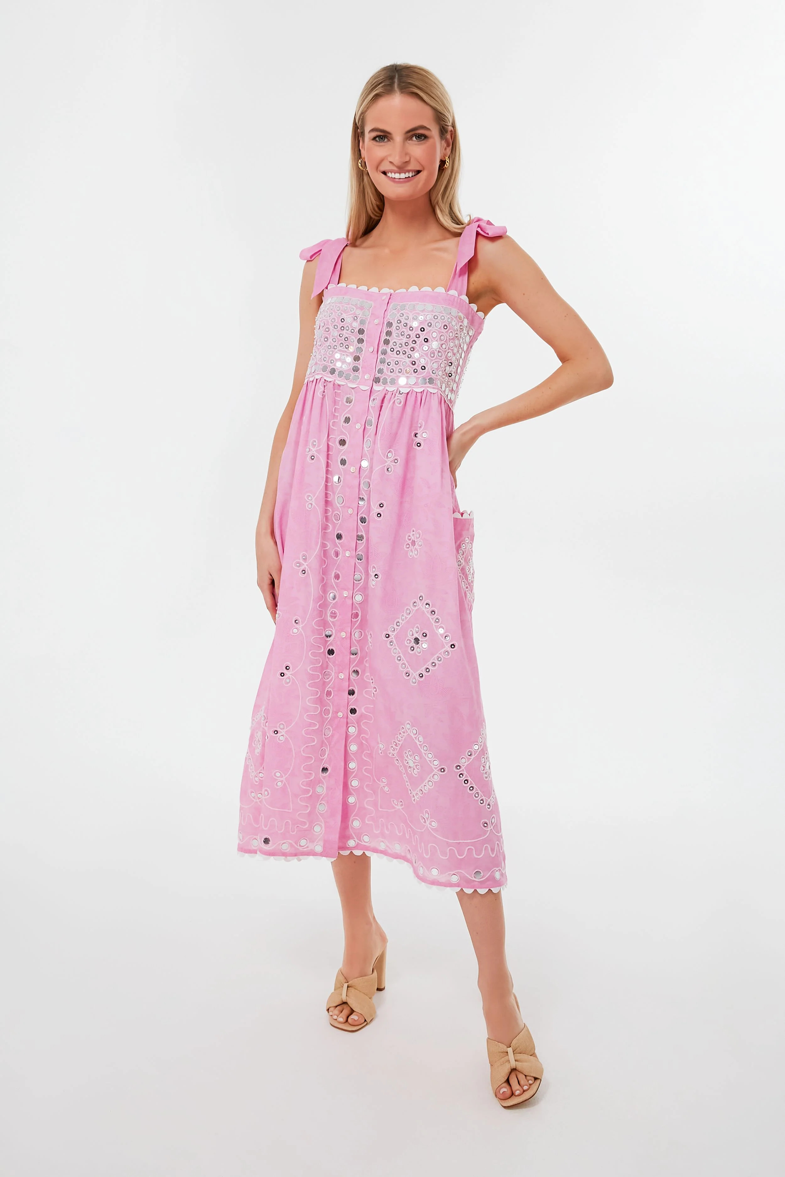 Pink Tonal Block Print Paillette Embroidered Tie Shoulder Dress | Tuckernuck (US)