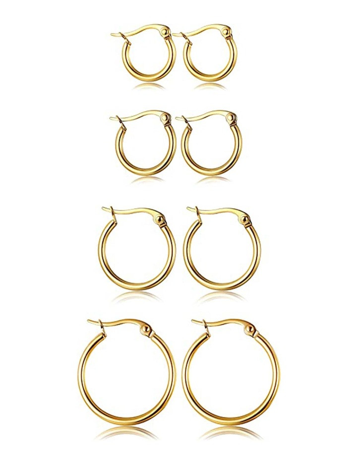 4 Pairs Hoop Earrings Set Stainless Steel Cute Gold Huggie Earrings for Women Rounded Small Hoop ... | SHEIN