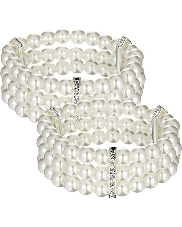 2Pcs Pearl Bracelets for Women, 1920s Vintage Pearl Stretch Bracelet 3-Rows Fake Pearls Bracelet ... | Amazon (US)