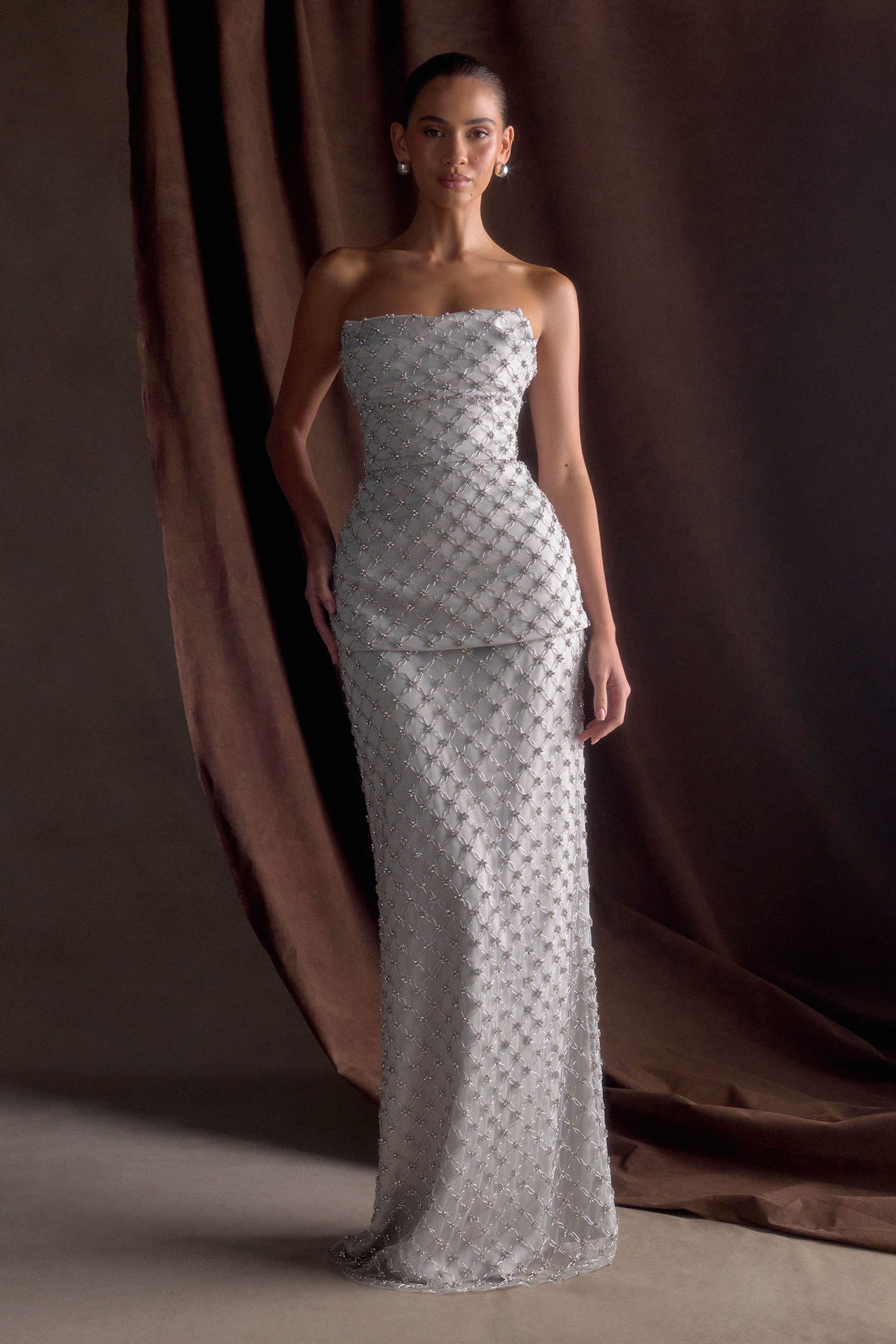 Zuri Hand Beaded Embellished Maxi Skirt - Silver | Meshki UK