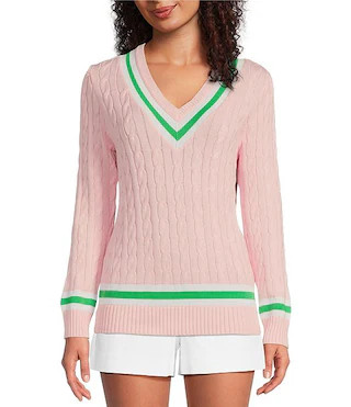 Lilly Pulitzer Brockton Cable Knit V-Neck Long Sleeve Stripe Detail Sweater | Dillard's | Dillard's