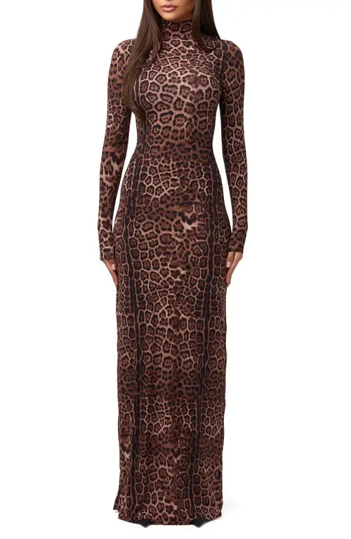 Naked Wardrobe Leopard Print Long Sleeve Body-Con Maxi Dress in Brown Leopard at Nordstrom, Size X-Large | Nordstrom