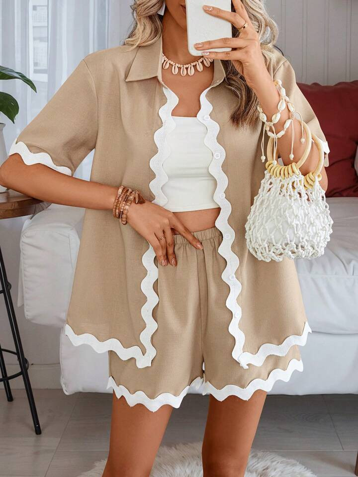 SHEIN LUNE Women Loose Fit Short-Sleeve Casual Shirt And Shorts Set With Wave Weave Fabric Patchw... | SHEIN