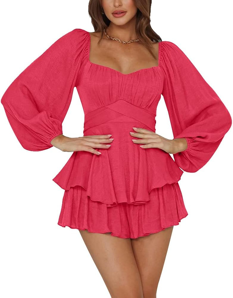 LYANER Women's Jumpsuit Lantern Long Sleeve Ruffle Layer Tie Mini Short Romper | Amazon (US)