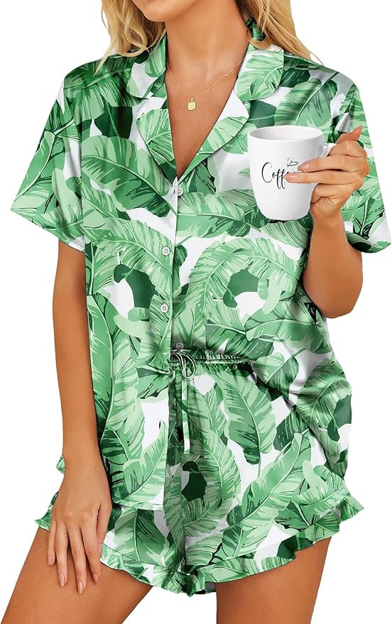 HOTOUCH Womens Satin Pajamas Set Button Down 2 Piece Silk Pjs Shorts Set Ruffle Lingerie Notch Co... | Amazon (US)