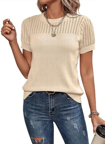 Dokotoo Womens Summer Tops Dressy Casual Crewneck Short Sleeve Shirts Solid Hollow Out Knit Loose... | Amazon (US)