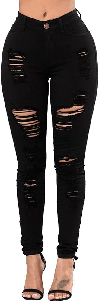 TKMUNY Women's High Rise Stretch Skinny Ripped Jeans Distressed Denim Leggings | Amazon (US)