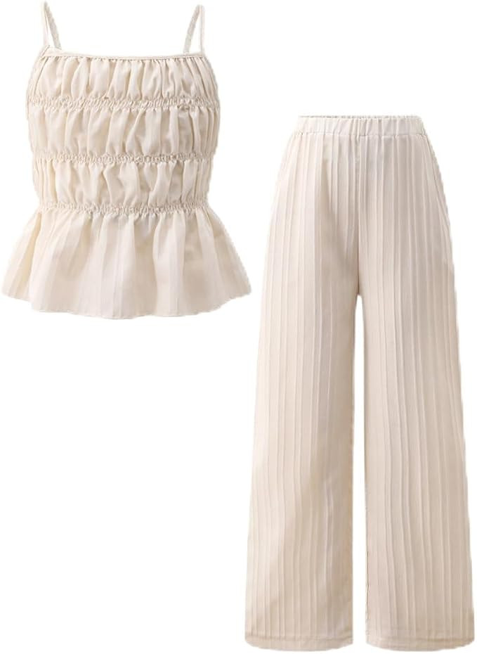 Yoxindax Tween Girls Clothes Summer 2 Piece Outfit Set Crinkle Textured Top Wide Leg Pants Summer... | Amazon (US)