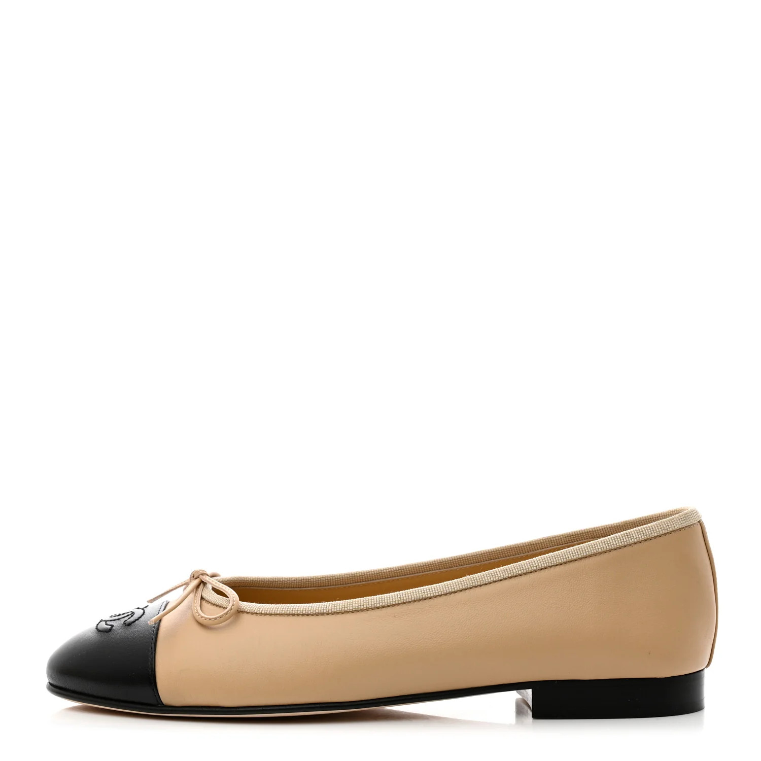 Lambskin Cap Toe CC Ballerina Flats 38.5 Beige Black | FASHIONPHILE (US)