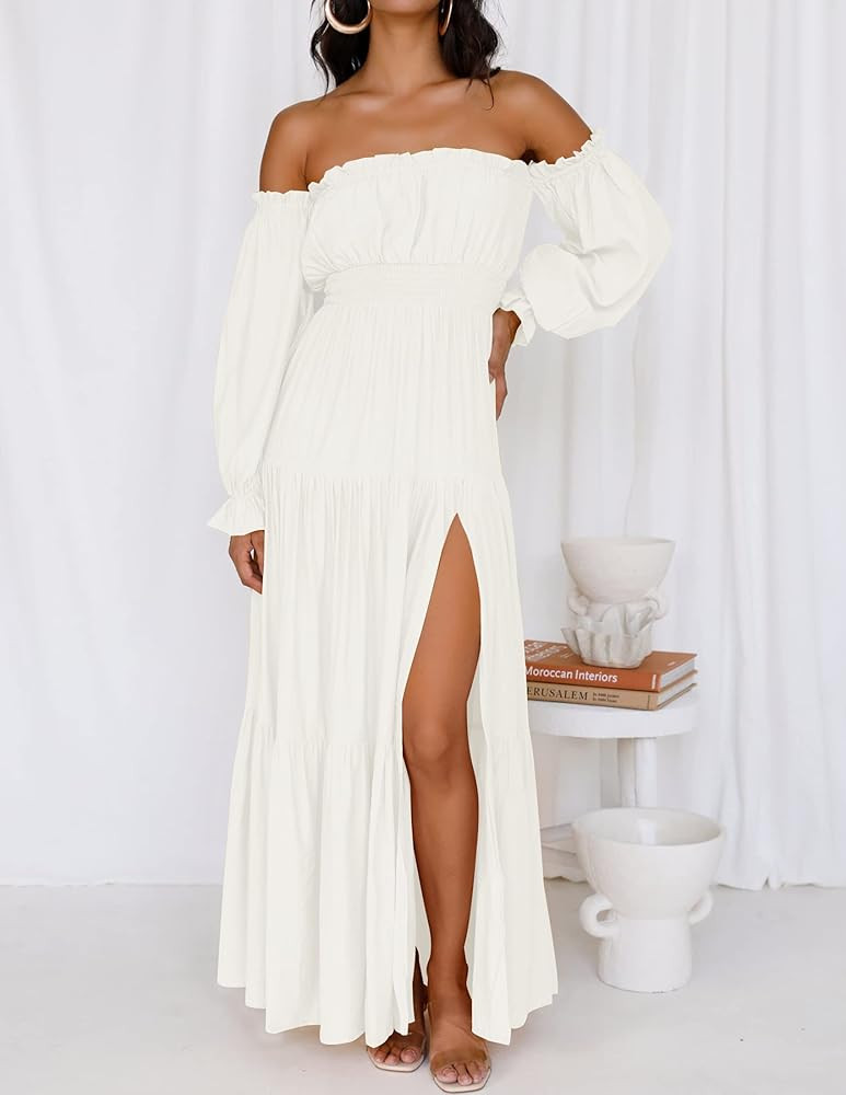 ZESICA Women's 2023 Boho Sexy Off Shoulder Long Sleeve Smocked High Waist Side Split Flowy A Line Ti | Amazon (US)