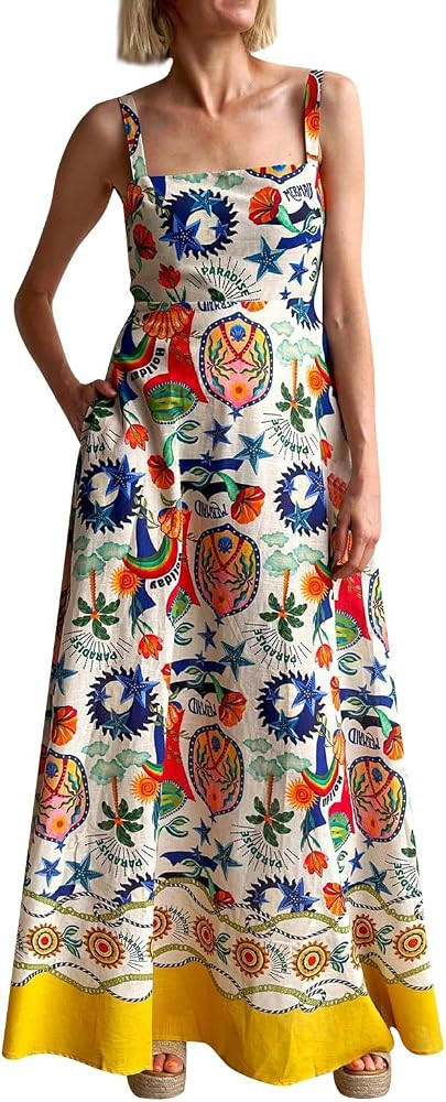 Women's Boho Tie Shoulder Dress Y2k Floral Long Flowy Maxi Dresses Cute Summer Smocked Picnic Bea... | Amazon (US)