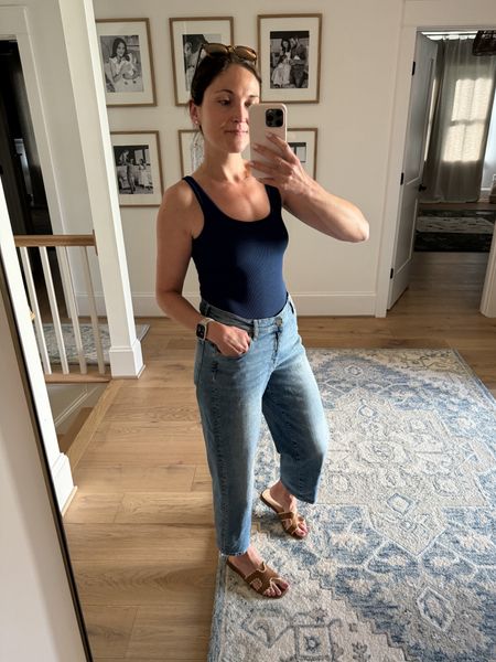 Easy school drop-off outfit. These jeans are soooo comfy. Wearing my normal size 28. And these sandals have been on repeat lately. 

#LTKStyleTip #LTKSeasonal