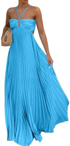 Halter Dresses for Women Cross V Neck Cut Out Maxi Dress Summer Backless A-Line Pleated Halter Lo... | Amazon (US)