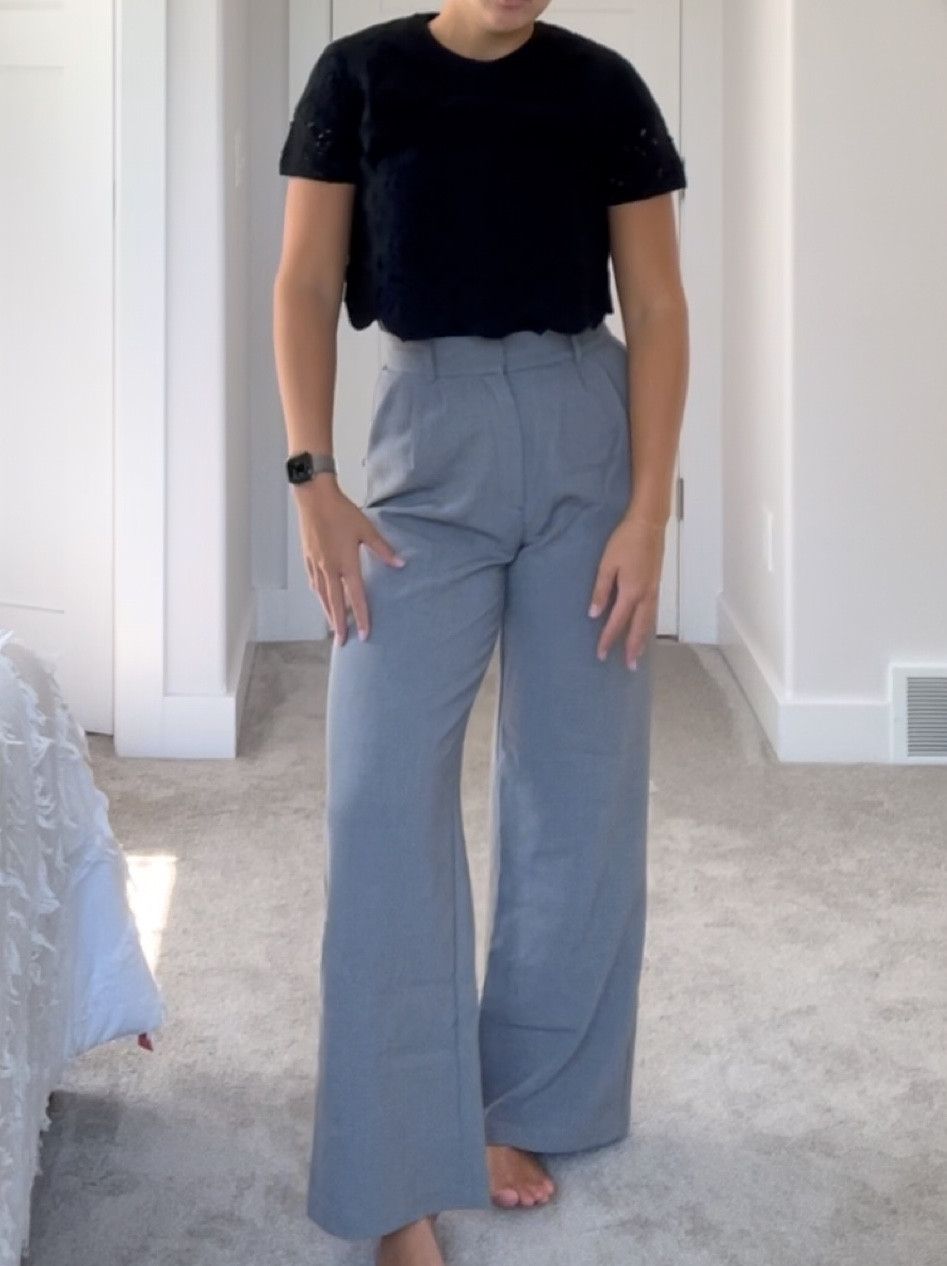 Abercrombie black crotchet top M and grey trousers S
