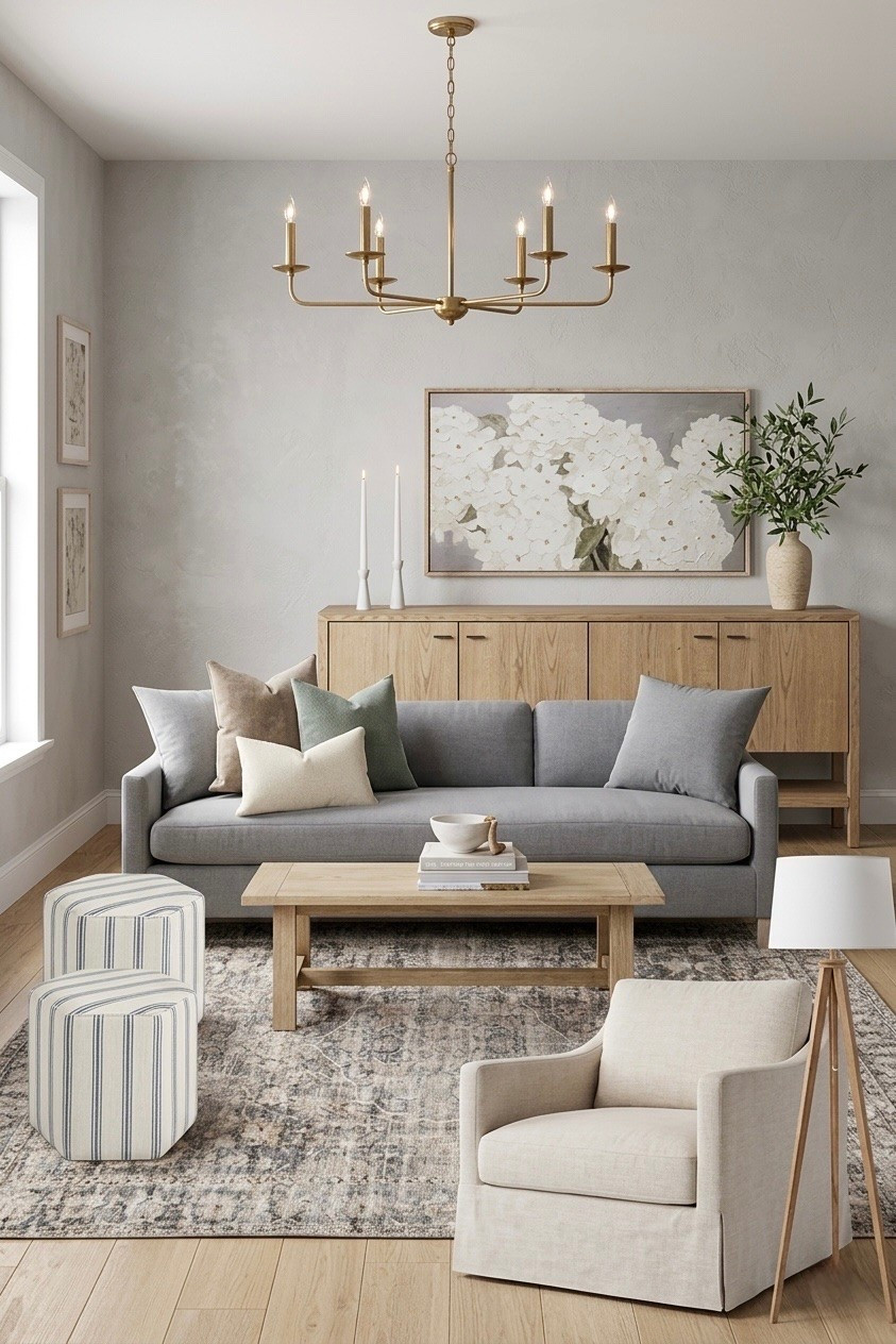 #LivingRoomInspo #GreySofa #AreaRug #OakSideboard #BrassChandelier #TexturedPillows #CoffeeTableBooks #SwivelChair #HomeStyling