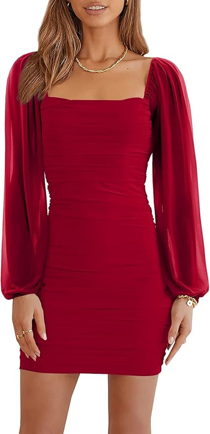 Wenrine Women's Mesh Long Sleeve Square Neck Ruched Party Club Cocktail Bodycon Mini Dress | Amazon (US)