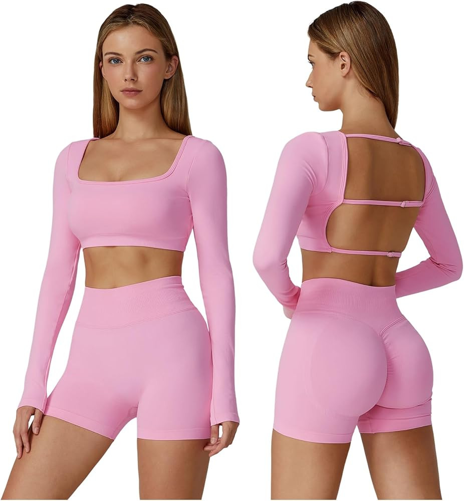 ABOCIW Workout Sets for Women 2 Piece Seamless Long Sleeve Crop Top Scrunch Butt High Waisted Sho... | Amazon (US)