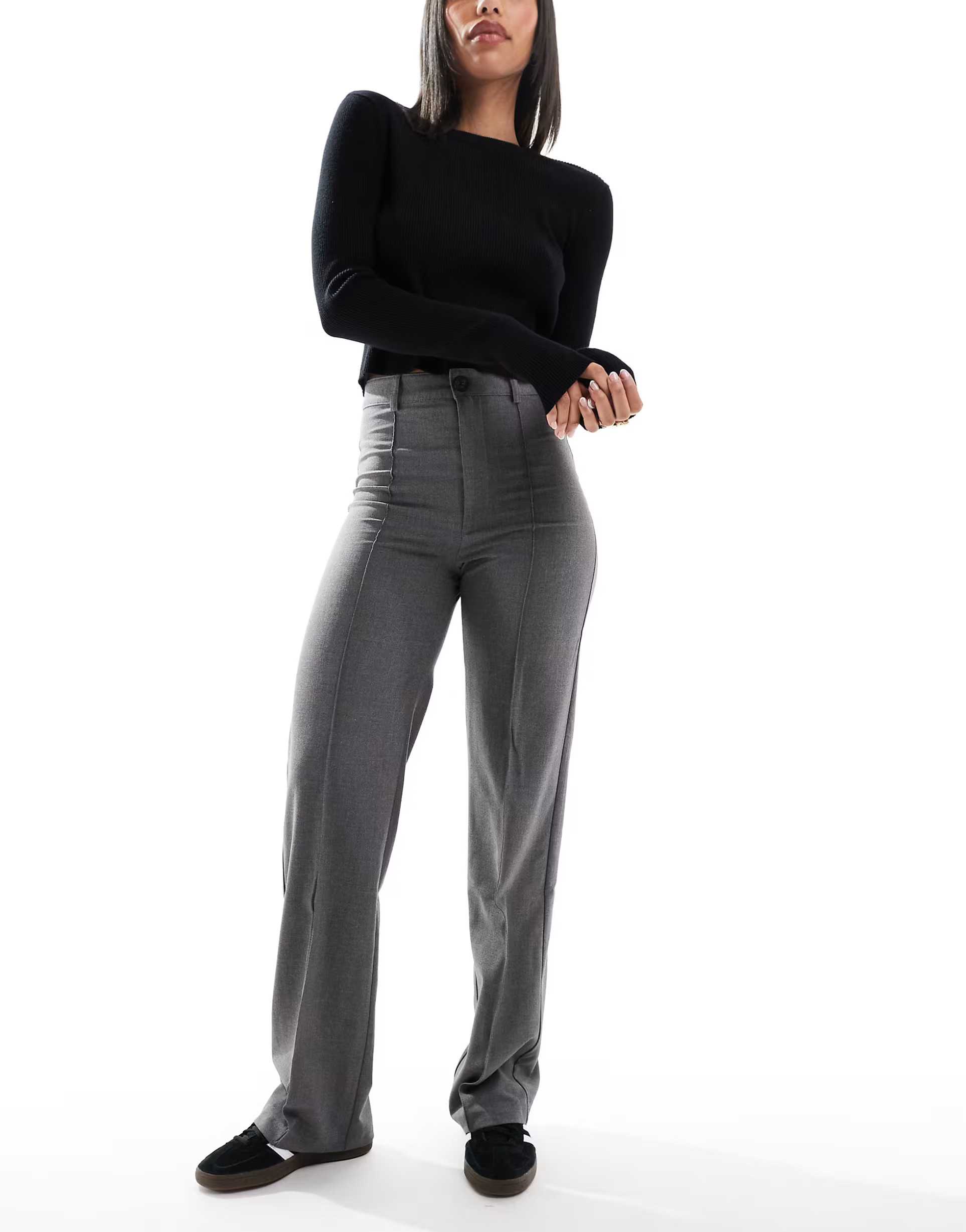 Pull&Bear high waisted seam front tailored straight leg trouser in grey | ASOS (Global)