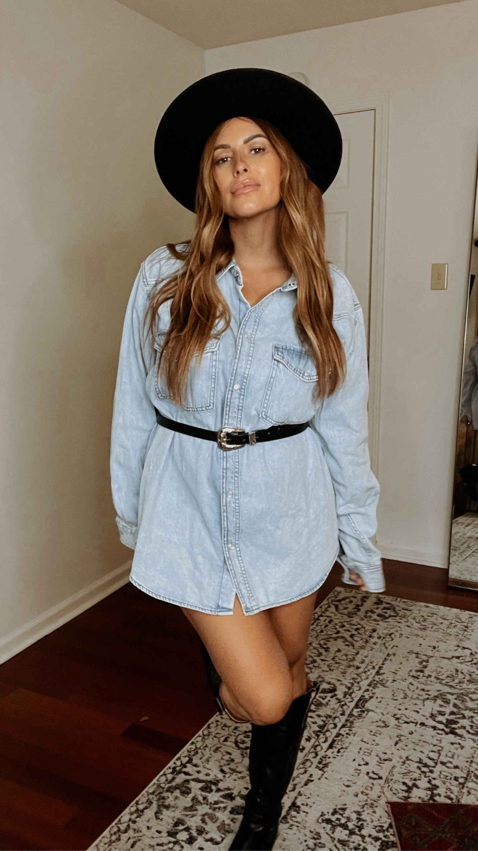 Denim shacket, western outfit, concert look, cowgirl boots  

#LTKstyletip #LTKfindsunder100