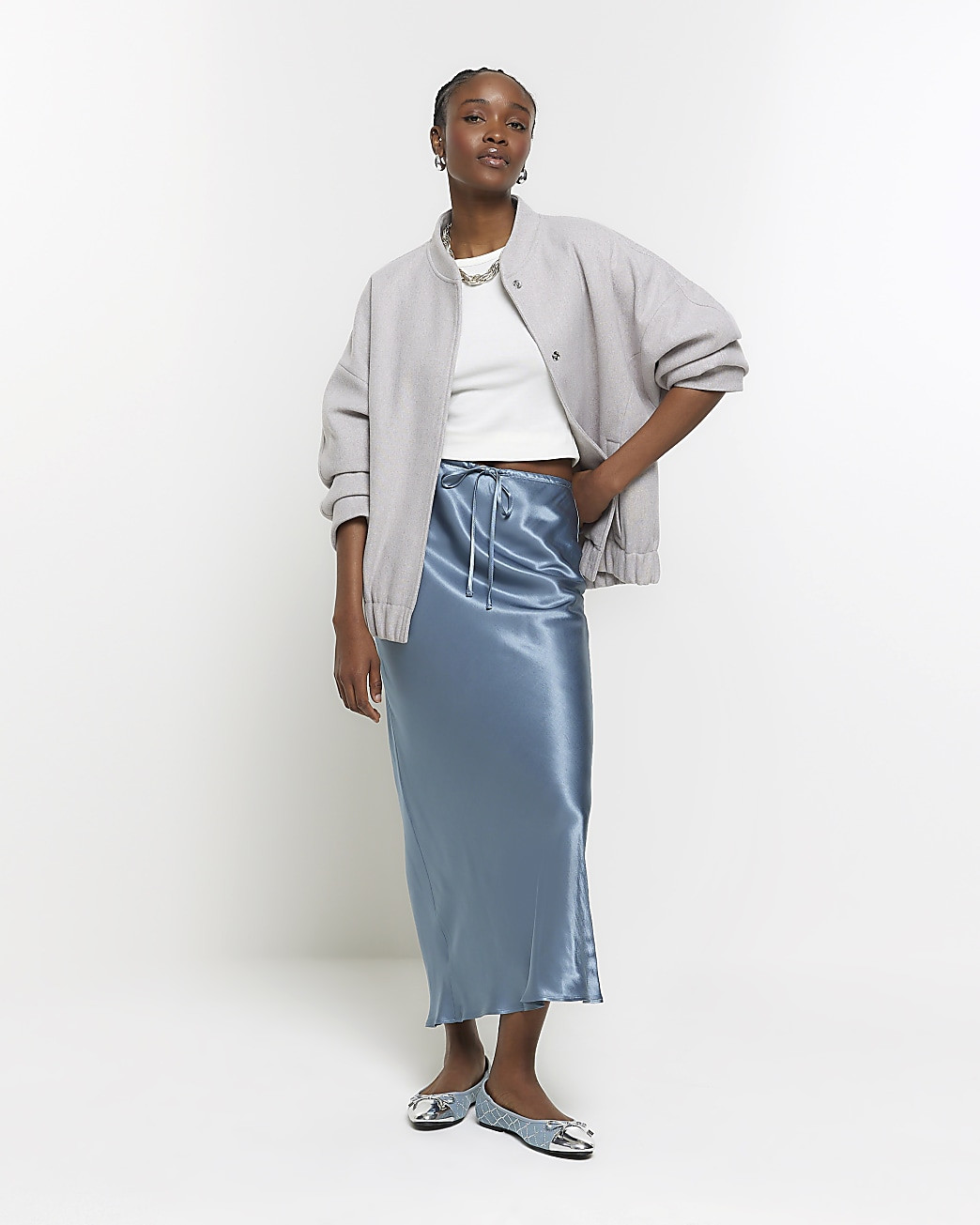Blue satin tie waist midi skirt | River Island (UK & IE)