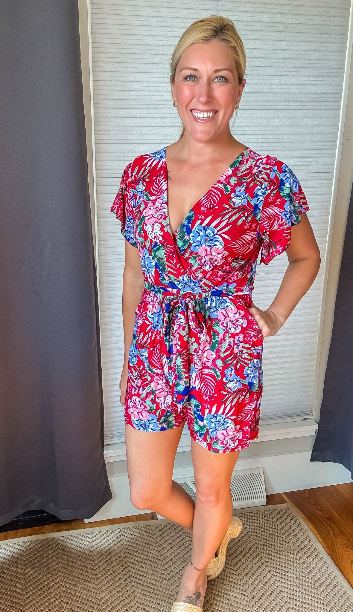 Flirty, floral, and effortless! 🌸 This wrap-style romper is your new go-to for sunny days and weekend plans. With its soft, stretchy fit and flattering flutter sleeves, it’s made to move with you. Just add sandals or wedges and you’re set! 💐✨ #LTKStyle #SummerRomper #FloralFit #LTKOutfitInspo #WeekendLook #VacationVibes