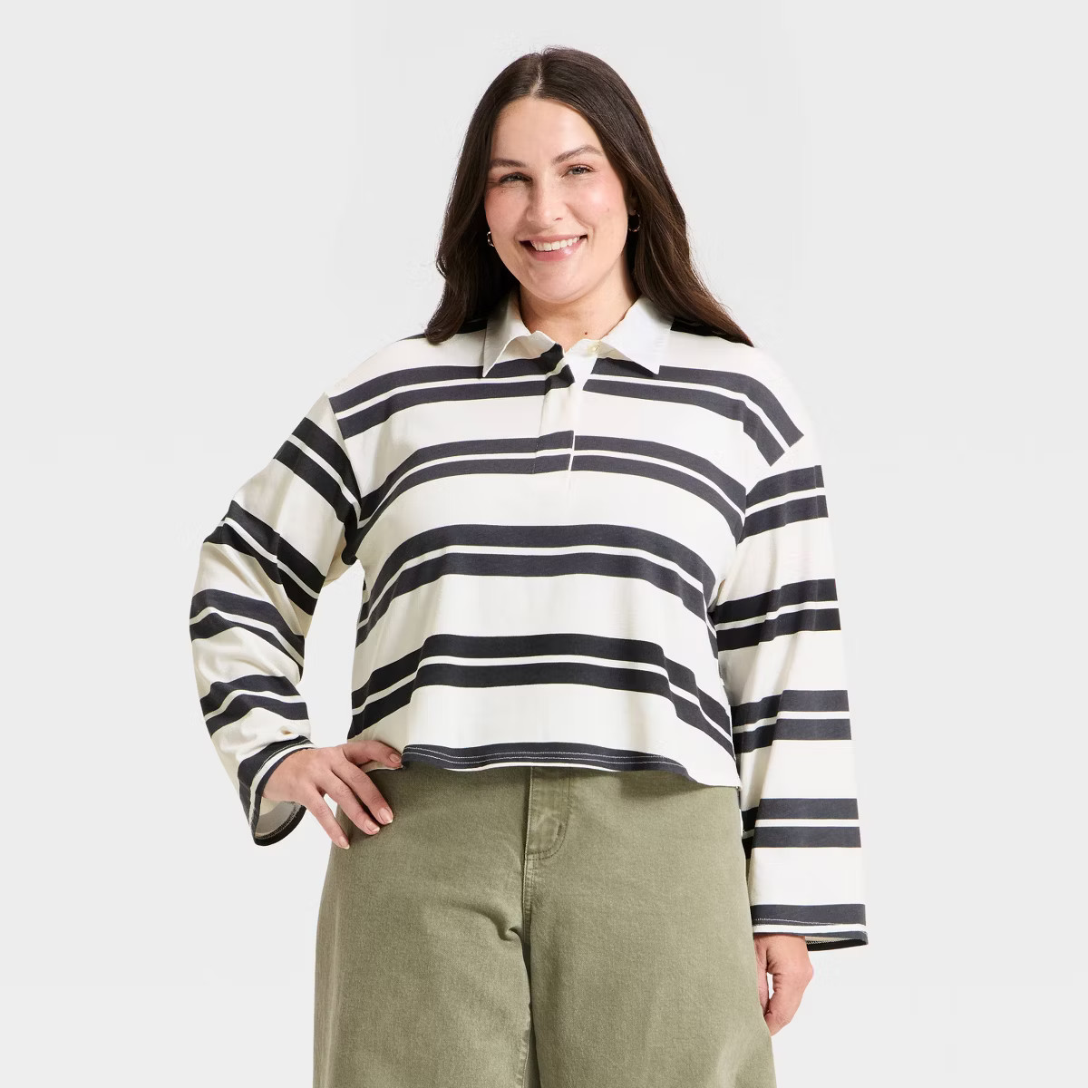 Women's Long Sleeve Button-Down Polo T-Shirt - Universal Thread™ Cream Striped XXL | Target
