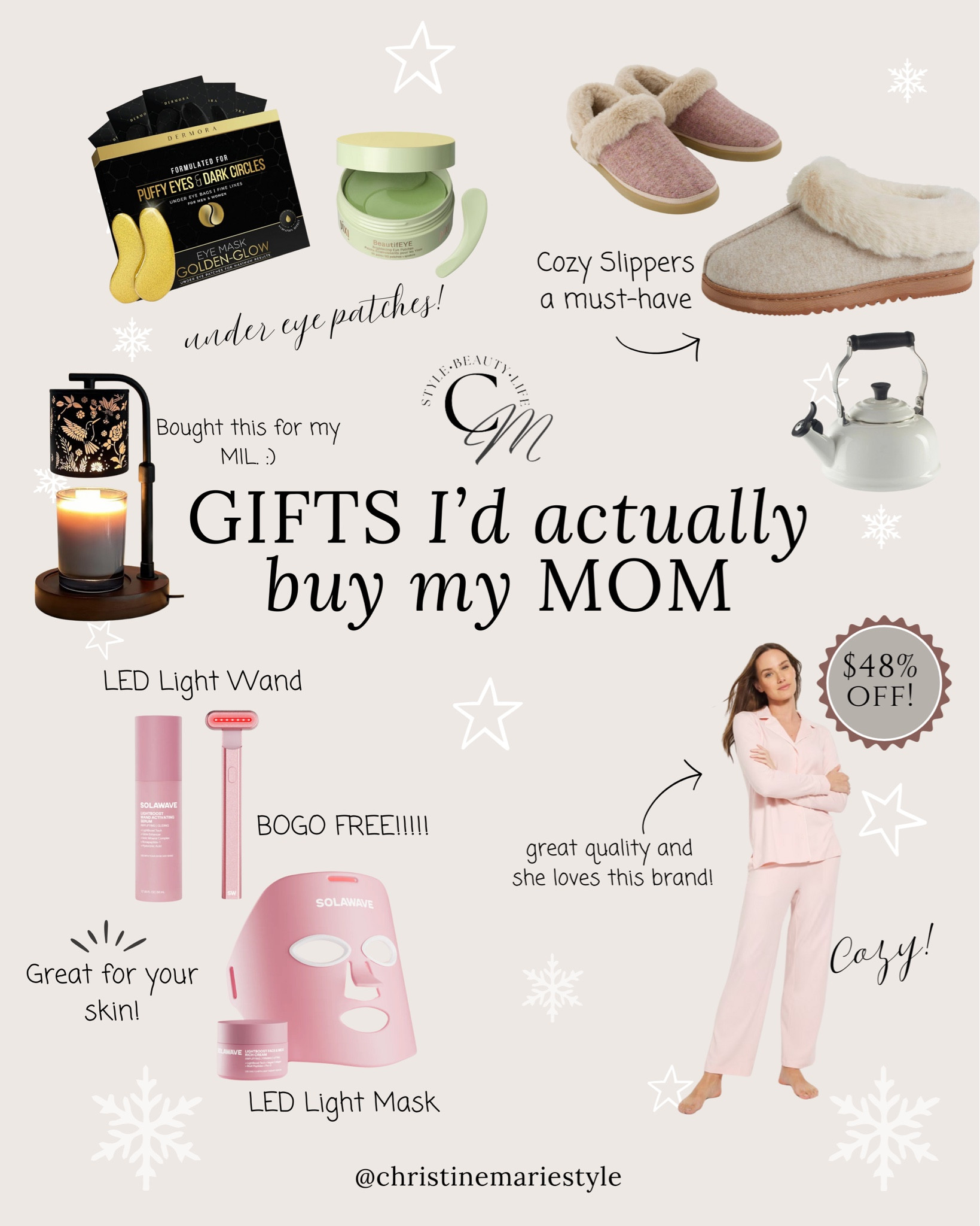 Gifts that I’d actually buy my Mom! 
Eye patches, cozy pajamas, slippers, led light mask, tea kettle, candle warmer 








Gifts for sister
Gifts for mom
Gifts for mother in law
Gifts for her 
Pink
Gift guide 

#LTKSaleAlert #LTKHoliday #LTKGiftGuide