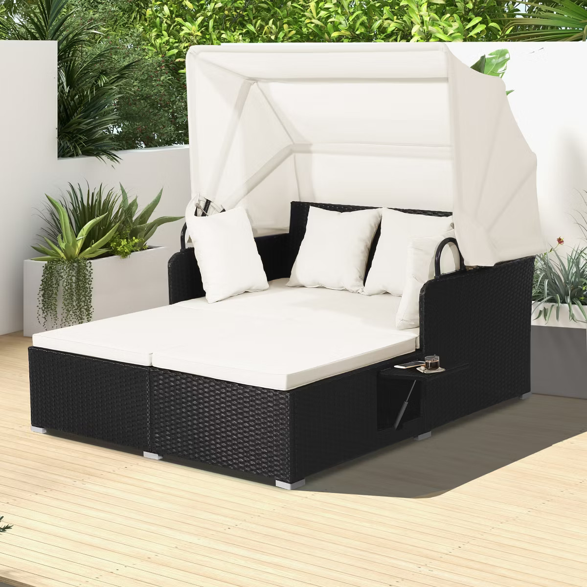 Costway Patio Rattan Daybed Lounge Retractable Top Canopy Side Tables Cushions Off White/Red/Turq... | Target