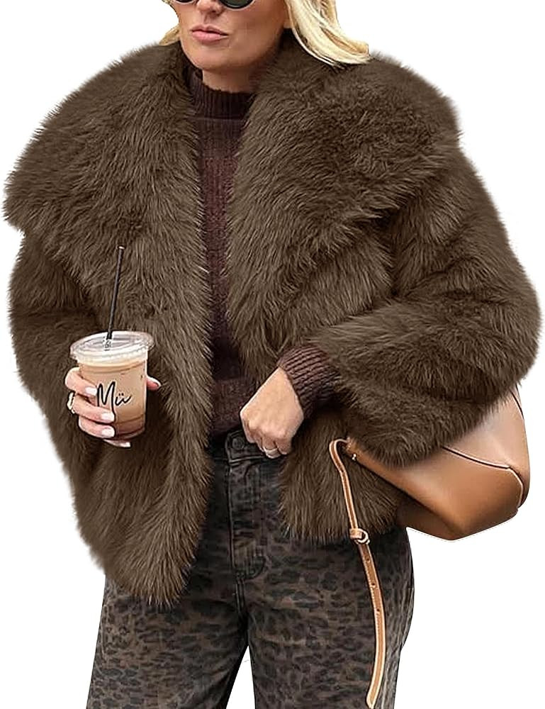 FOMELY Faux Fur Coat Fluffy Fur Jacket Women Lapel Collar Open Front Winter Coat Shaggy Outwear W... | Amazon (US)