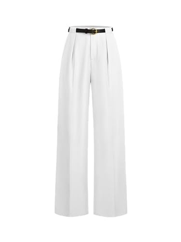 CIDER Mid Waist Solid Pocket Straight Leg Trousers with Belt: White, XL | Amazon (US)