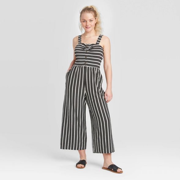 Women's Striped Sleeveless Sweetheart Neck Button-Front Knit Cropped Jumpsuit - Xhilaration™ | Target