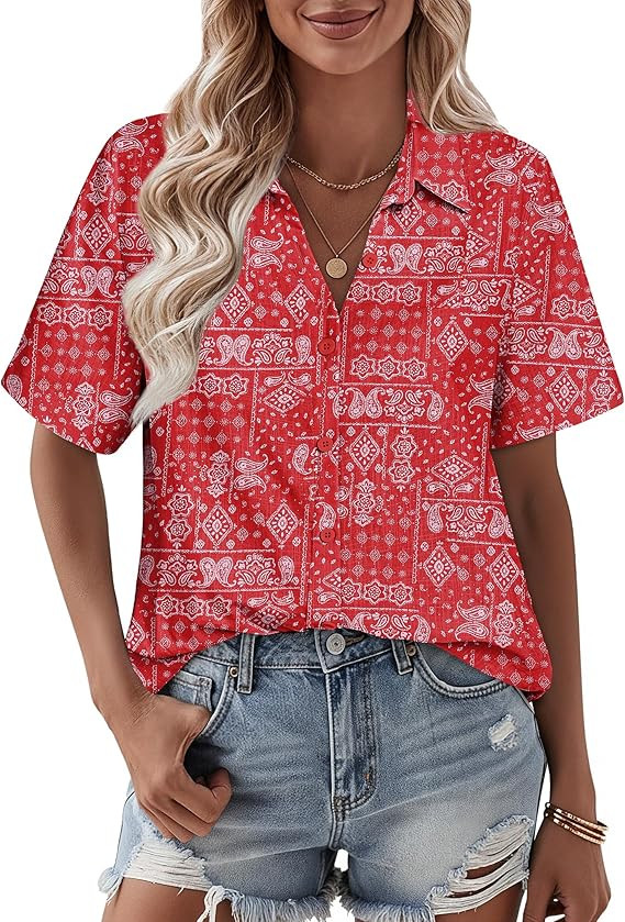 Zeagoo Women Button Down Shirt Cotton Linen Blend Short Sleeve V Neck Blouse Dressy Casual Summer... | Amazon (US)
