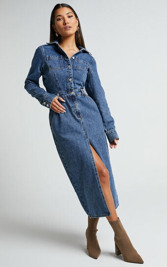 Alison Dress - Long Sleeve Denim Midi Dress in Mid Blue Wash | Showpo (US, UK & Europe)