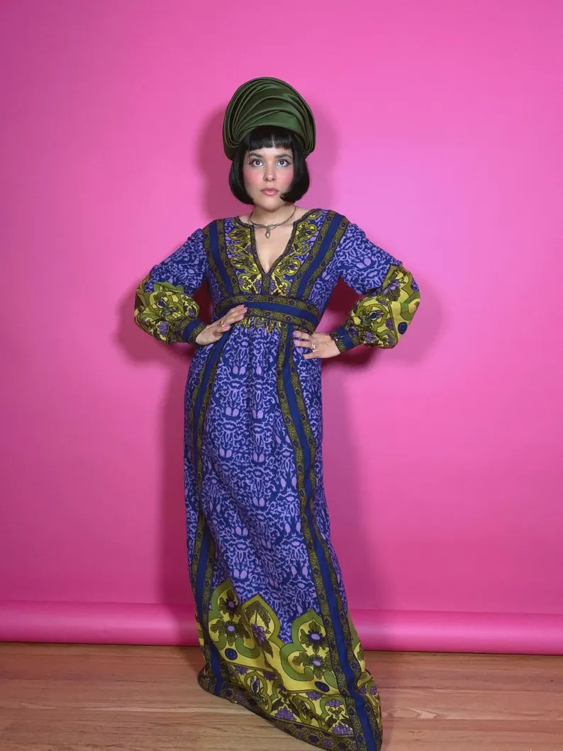 Vintage 60s RARE Malcolm Starr Purple & Chartreuse Maxi Dress XS-SM | Etsy (Global)