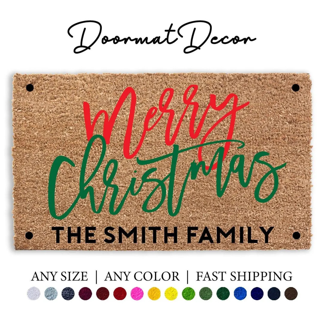 Personalized Merry Christmas Doormat, Holiday Christmas Tree Door Mat, Outdoor Welcome Rug, Entry... | Etsy (US)