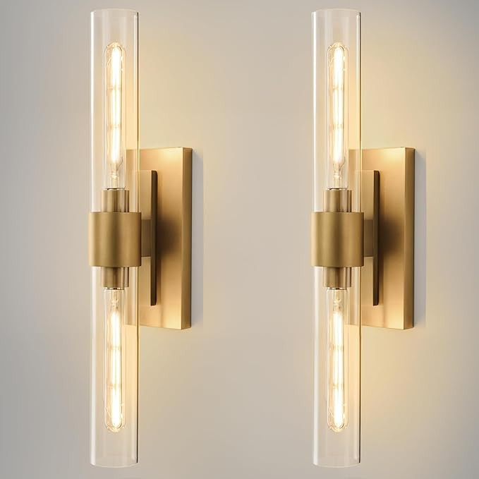 Champagne Brass Bathroom Wall Sconce - Set of 2 Modern Gold Light Sconces - Clear Glass Tube Vani... | Amazon (US)