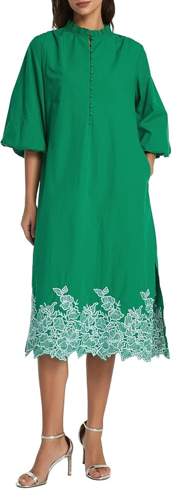 Kedera Womens Midi Summer Dresses Casual 3/4 Sleeve V Neck Button Up Embroidered Cotton Flowy Dre... | Amazon (US)
