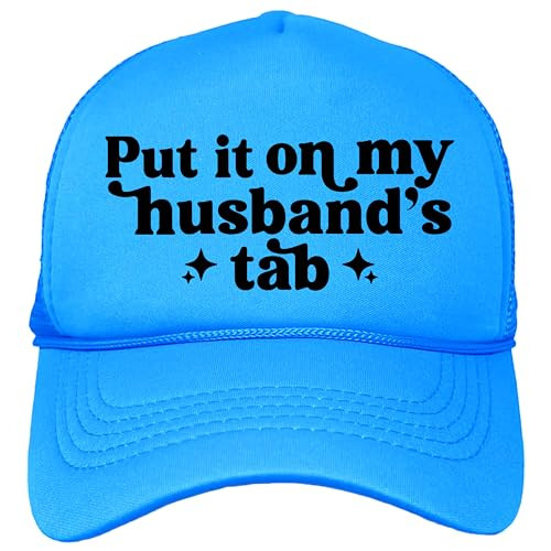 Put it on My Husband's Tab Women's Funny Classic 5 Panel Mesh Snap Back Trucker Hat Neon Blue Trucker Hat | Amazon (US)