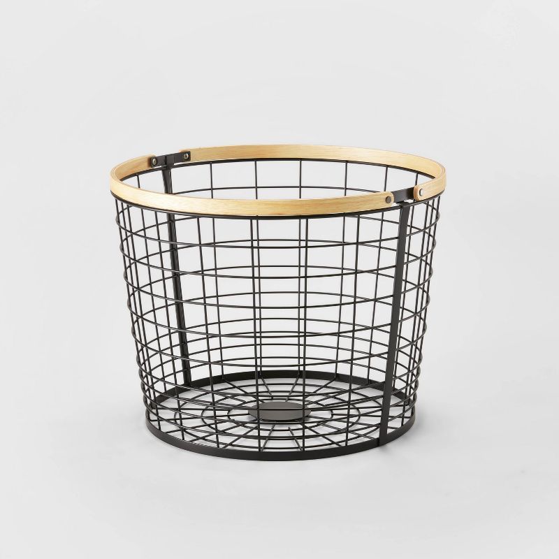 Round Black Wire with Natural Wood Handles Floor Basket - Brightroom™ | Target