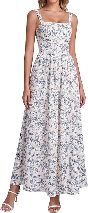 Floral Corset Maxi Long Dress Lace Up Flowy A Line Sundress Wedding Guest Tea Party Dresses for W... | Amazon (US)