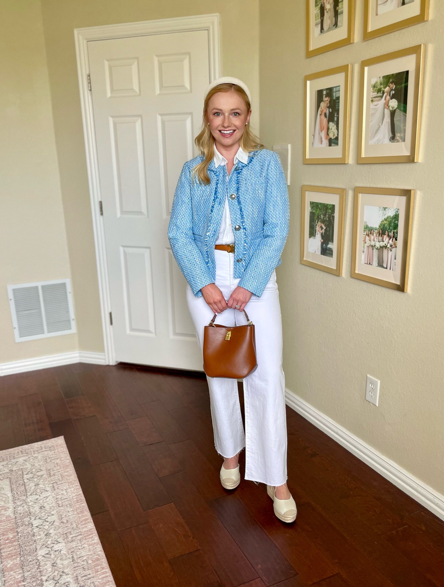 Wearing an XSP in jacket and 26P in jeans | spring outfit, casual spring outfit, brunch outfit, church outfit, business casual, white jeans, wide leg jeans, tweed jacket, espadrilles, espadrilles wedges 

#LTKSeasonal #LTKworkwear #LTKstyletip