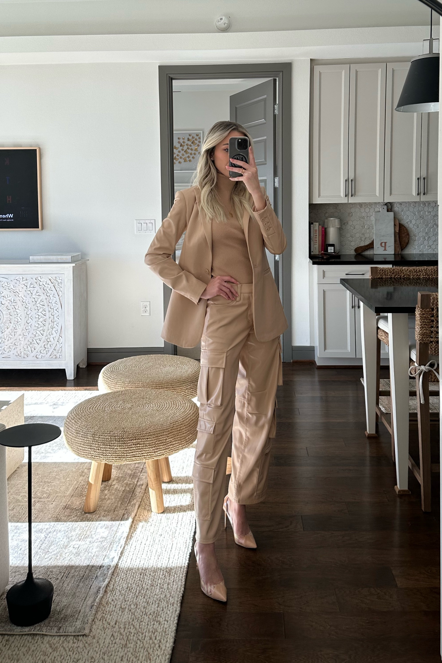 monochromatic leather blazer and cargos from alice + olivia